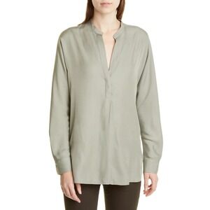 Vince Women Olive Green Silk Blend Long Sleeve Split Neck‎ Top Minimalist $325